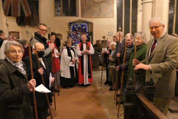 Reverend Enid with Bishop Mike and churchwardens