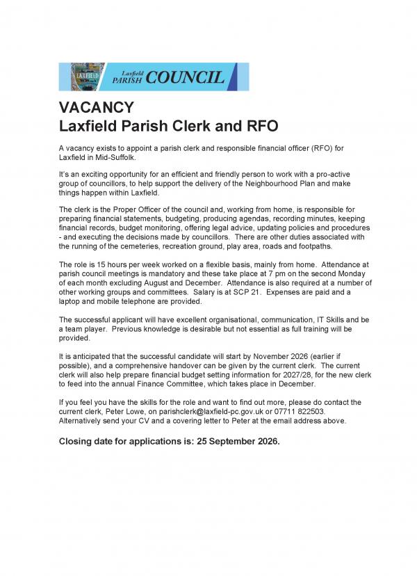 Parish Clerk Advert for Sepember 2026
