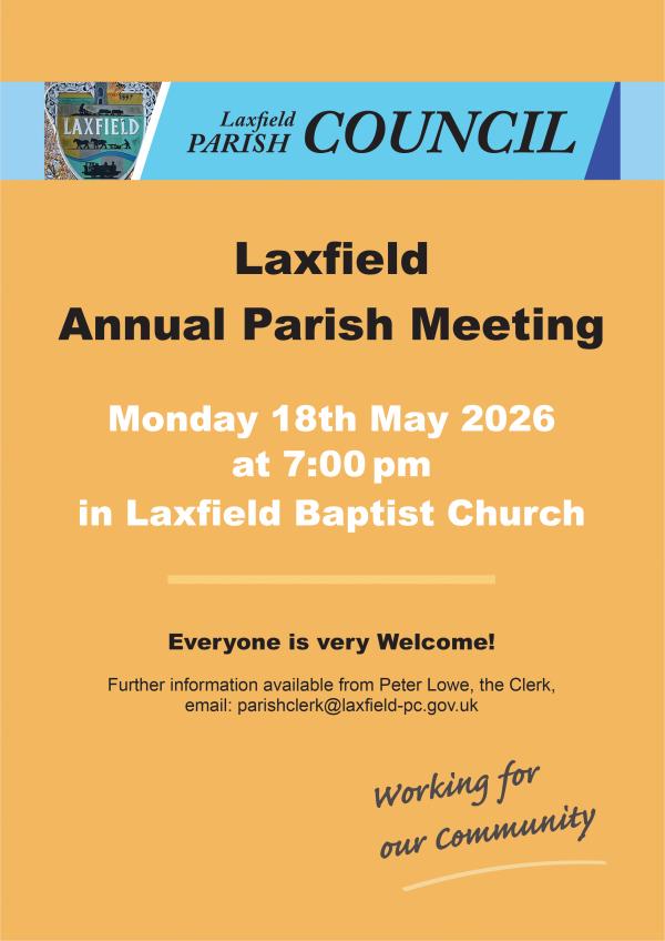 PC Annual Parish Meeting poster, 18th May 2026 in Laxfield Baptist Church